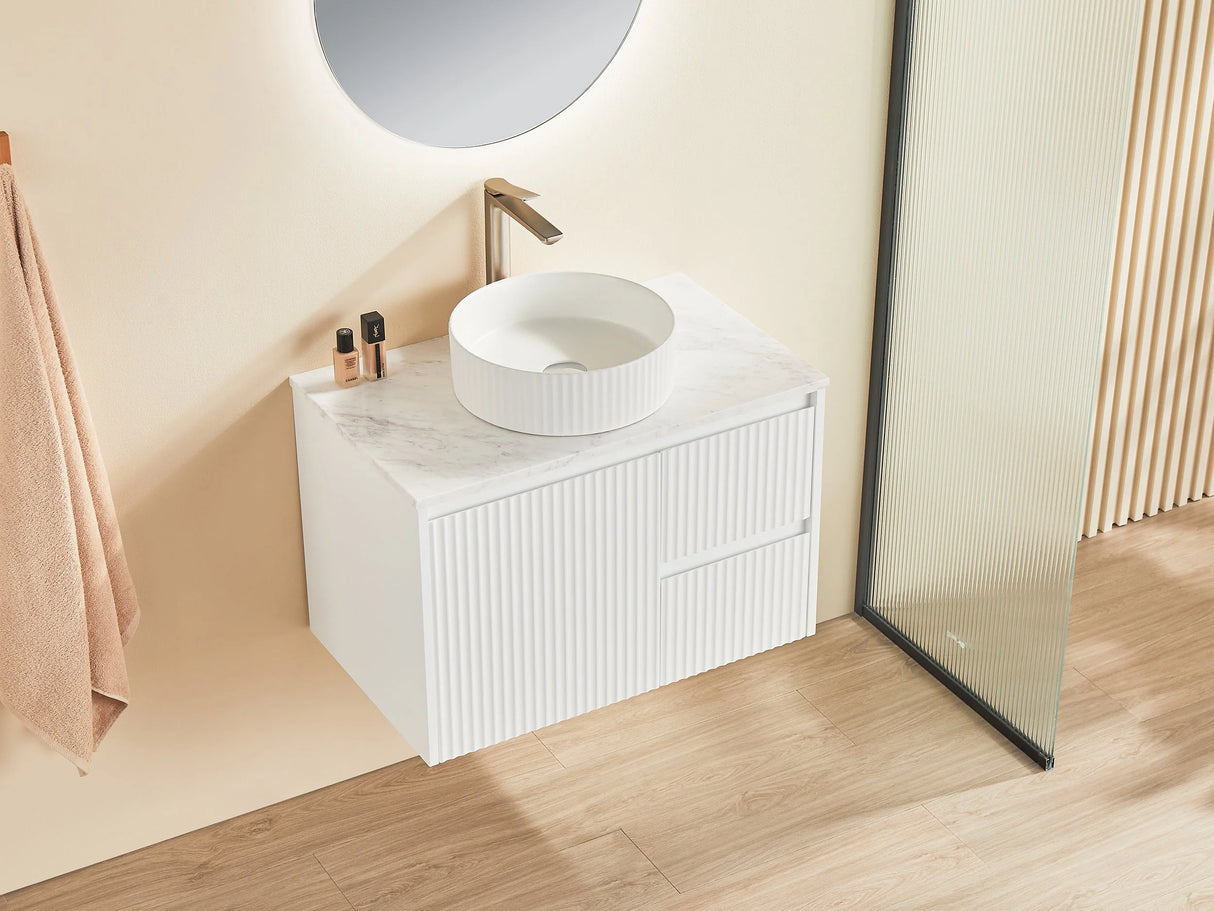 Fluted Wall Hung Vanity Brindabella 750mm Matte White Waterproof Galaxy Black Stone top