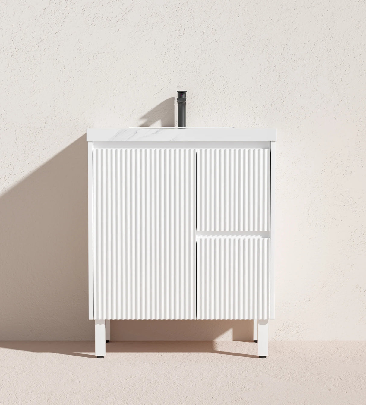 Fluted Freestanding Vanity Brighton 750mm Matte White PVC Waterproof Carrara Dimond Sintered Top 50mm