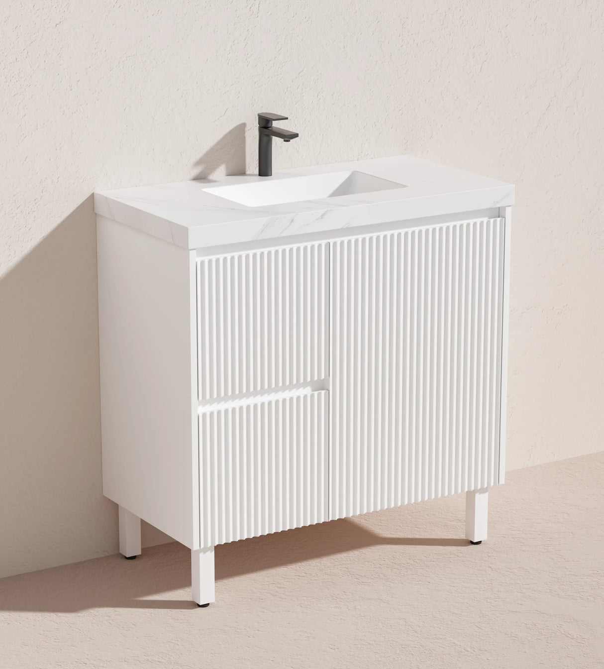 Fluted Freestanding Vanity Brighton 900mm Matte White PVC Waterproof Carrara Dimond Sintered Top 50mm