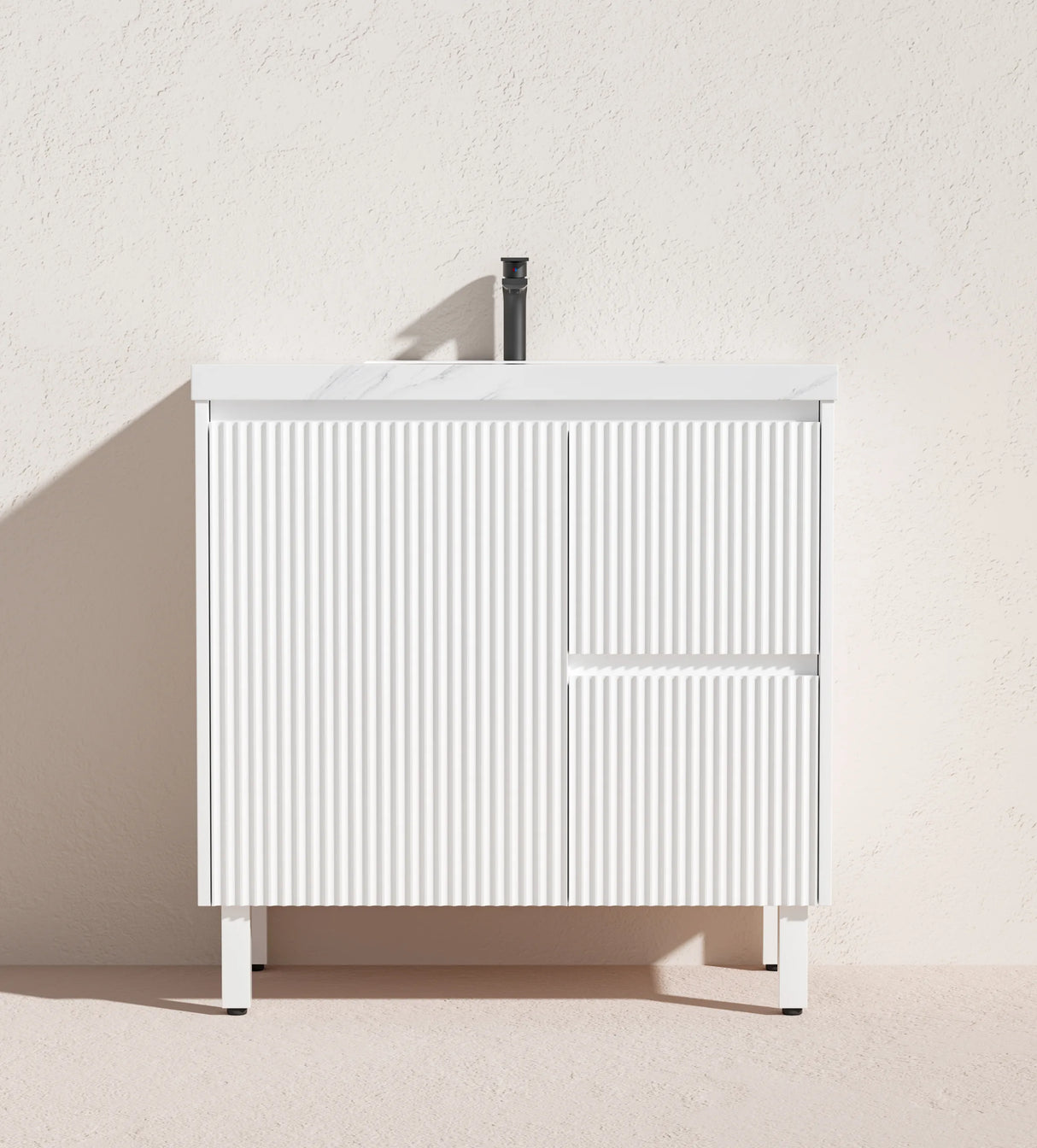 Fluted Freestanding Vanity Brighton 900mm Matte White PVC Waterproof Carrara Dimond Sintered Top 50mm