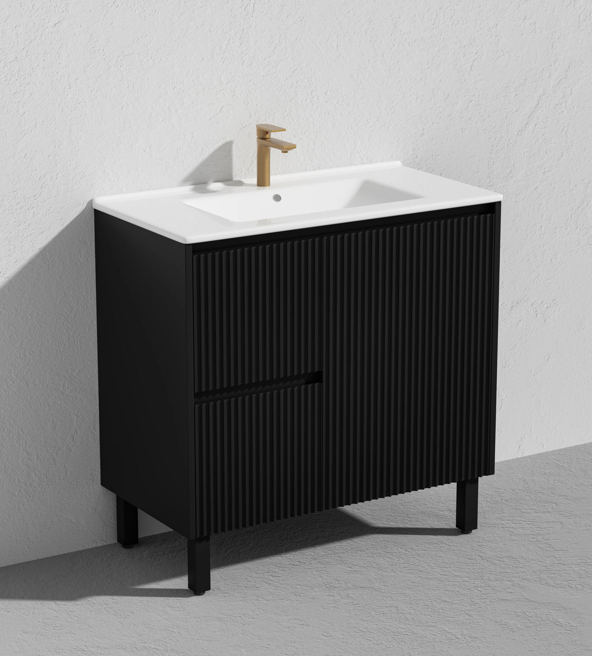 Fluted Freestanding Vanity Brighton 900mm Matte Black PVC Waterproof Carrara Dimond Sintered Top 50mm