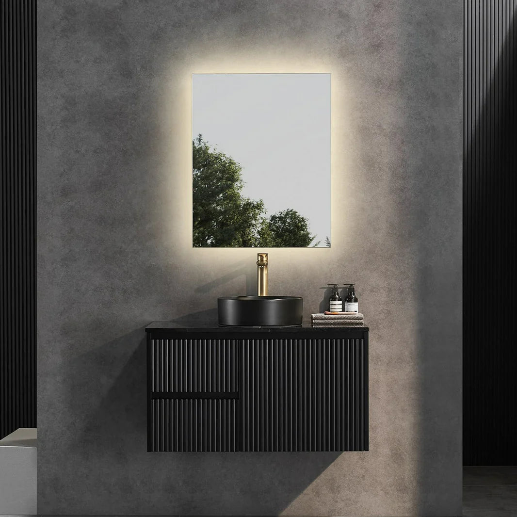 Fluted Wall Hung Vanity Brindabella 900mm Matte Black Waterproof Bianco Twirl Stone top