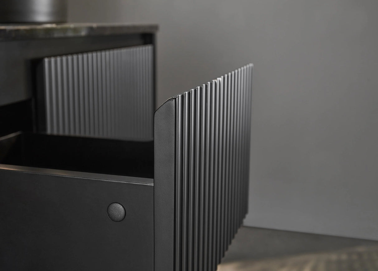 Fluted Wall Hung Vanity Brindabella 900mm Matte Black Waterproof Bianco Twirl Stone top