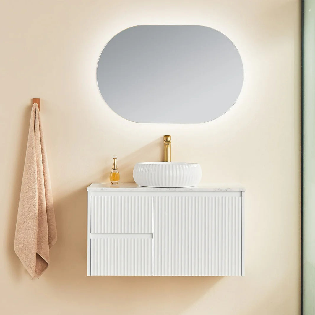 Fluted Wall Hung Vanity Brindabella 900mm Matte White Waterproof Bianco Twirl Stone top