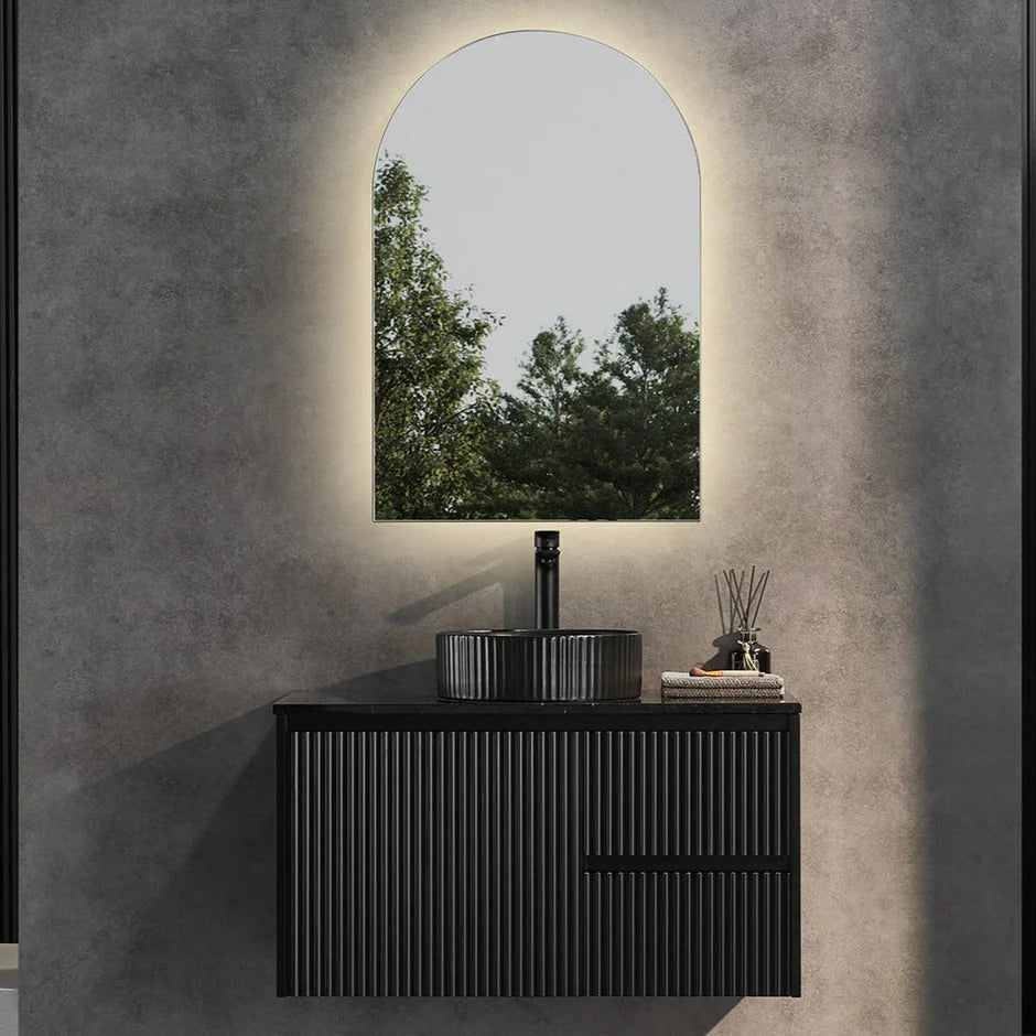 Fluted Wall Hung Vanity Brindabella 900mm Matte Black Waterproof Bianco Twirl Stone top