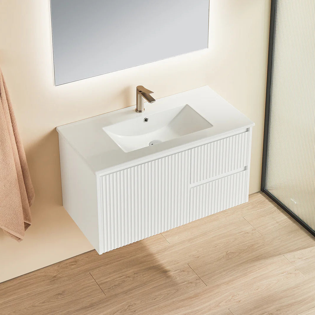 Bathroom vanity with sink and mirror in a modern bathroom setting