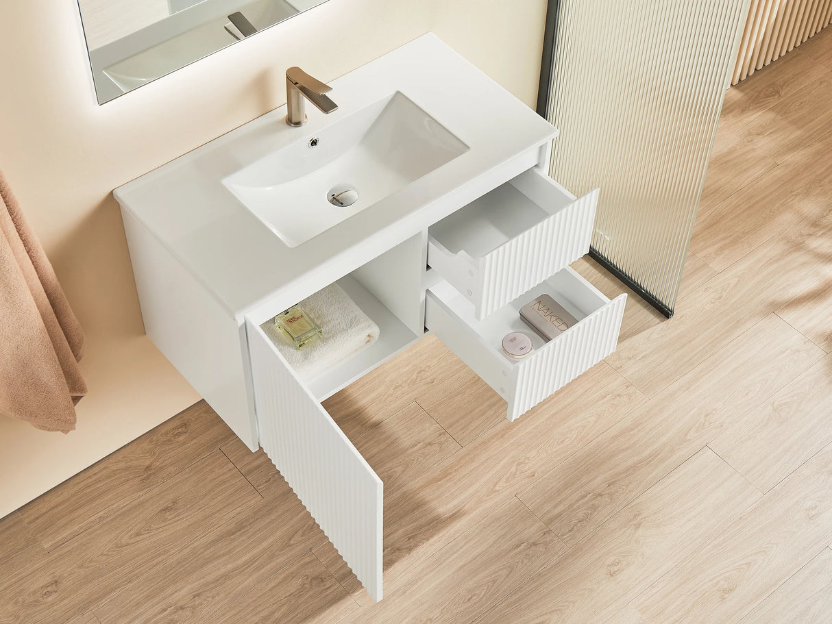 Fluted Wall Hung Vanity Brindabella 900mm Matte White Waterproof Bianco Twirl Stone top