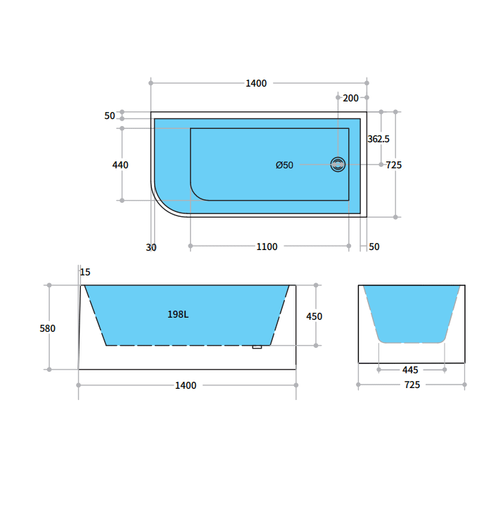 Right Corner Bathtub Matte/Gloss White Casey Back to Wall 1400mm