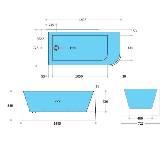 Left Corner Bathtub Matte/Gloss White Casey Back to Wall 1500mm