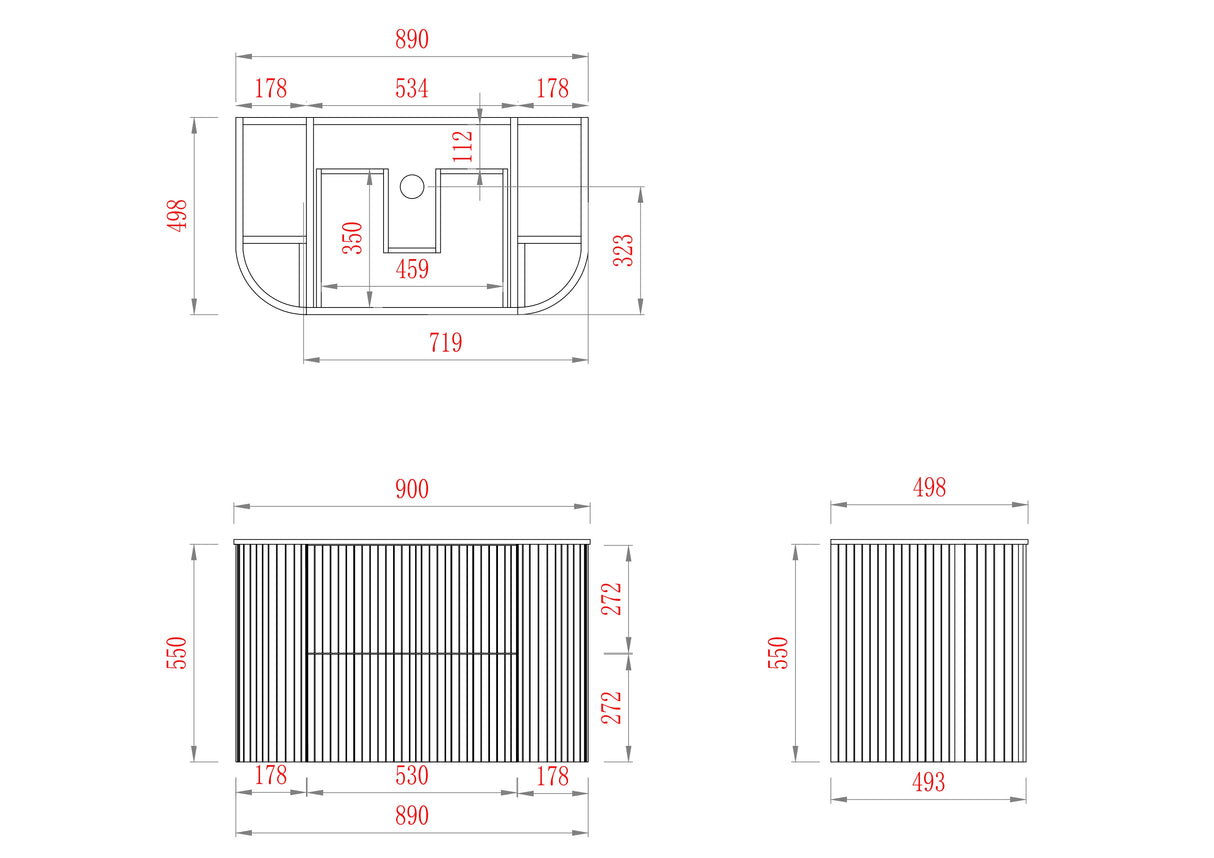 Timber Classic Oak Artis 900mm Fluted Curved Waterproof Wall Hung Vanity Calacatta Azuro Stone top