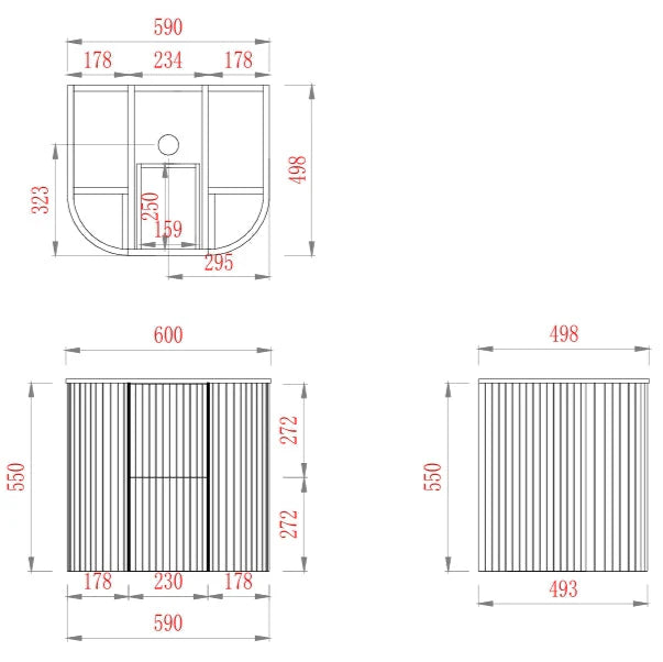 Timber Prime Oak Artis 600mm Fluted Curved Waterproof Wall Hung Vanity Carrara Gold Stone top