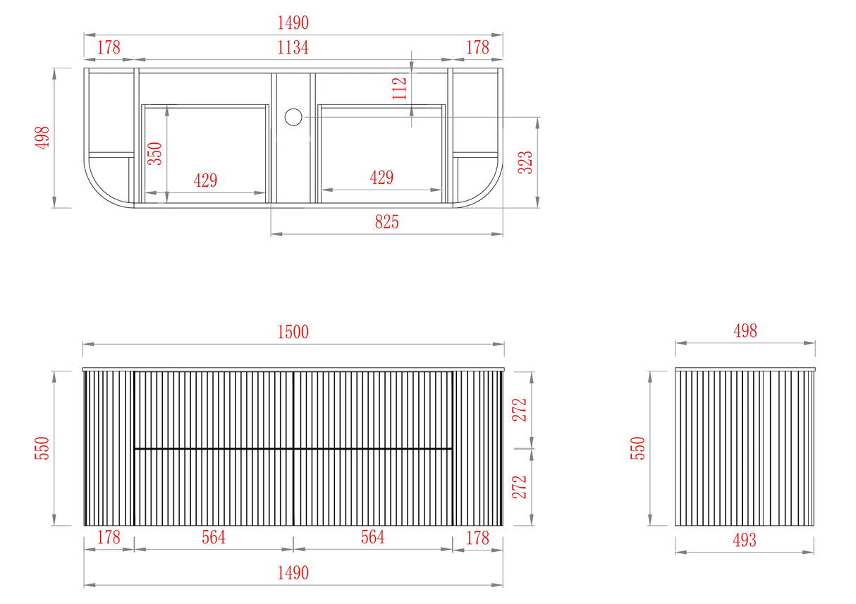 Timber Walnut Artis 1500mm Fluted Curved Waterproof Wall Hung Vanity French Fataisie Stone top