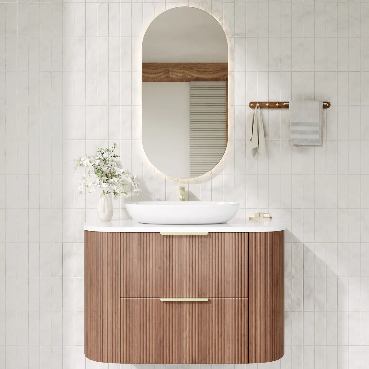 Timber Prime Oak Artis 750mm Fluted Curved Waterproof Wall Hung Vanity Imperial Statuario Stone top