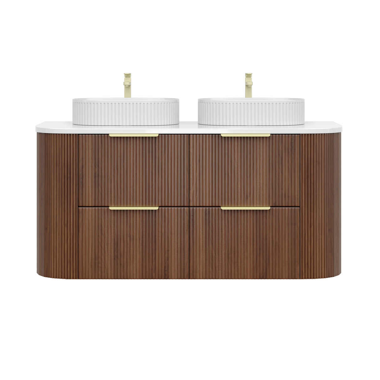 Timber Walnut Artis 1200mm Fluted Curved Waterproof Double Bowl Wall Hung Vanity Imperial Statuario Stone top