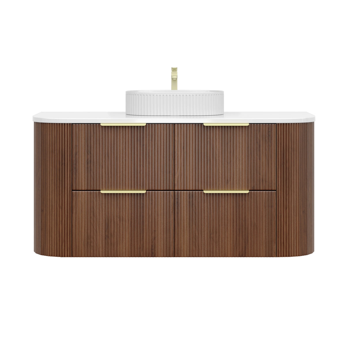Timber Walnut Artis 1200mm Fluted Curved Waterproof Wall Hung Vanity Solid Surface Stone top