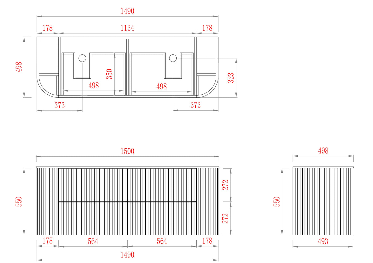 Timber Classic Oak Artis 1500mm Fluted Curved Waterproof Wall Hung Double Bowl Vanity Calacatta Stone top