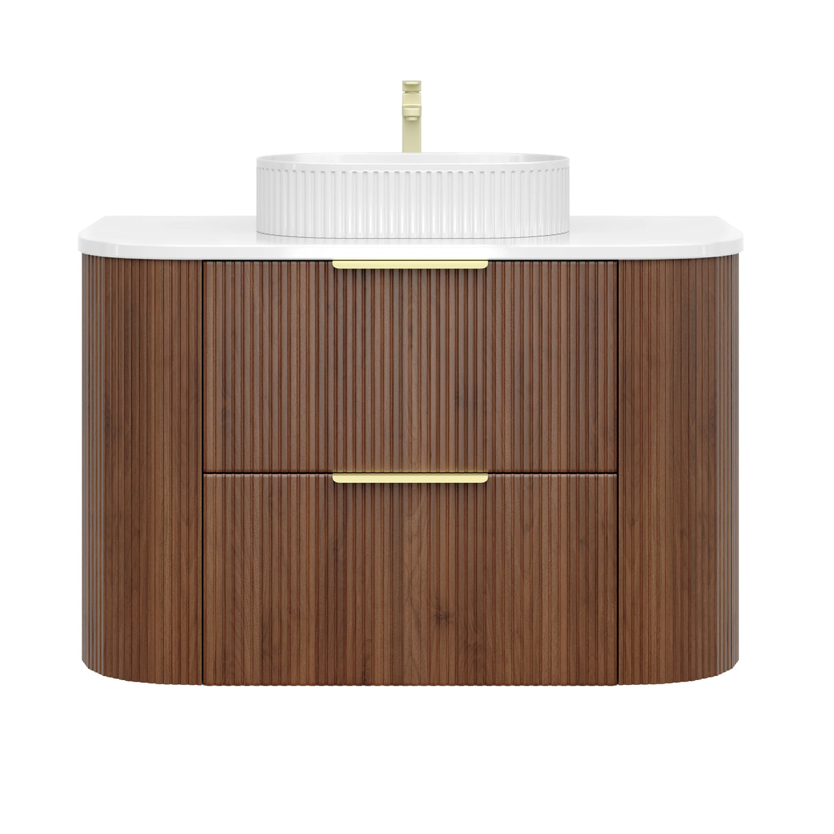Timber Walnut Artis 900mm Fluted Curved Waterproof Wall Hung Vanity Calacatta Azuro Stone top