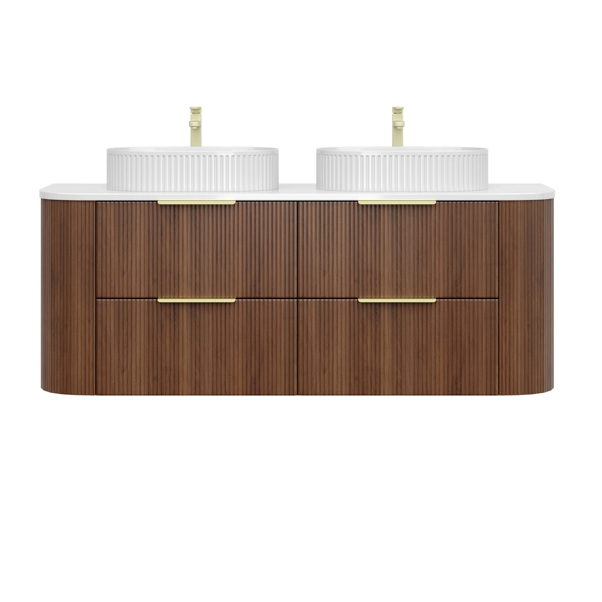 Timber Walnut Artis 1500mm Fluted Curved Waterproof Wall Hung Double Bowl Vanity Calacatta Stone top