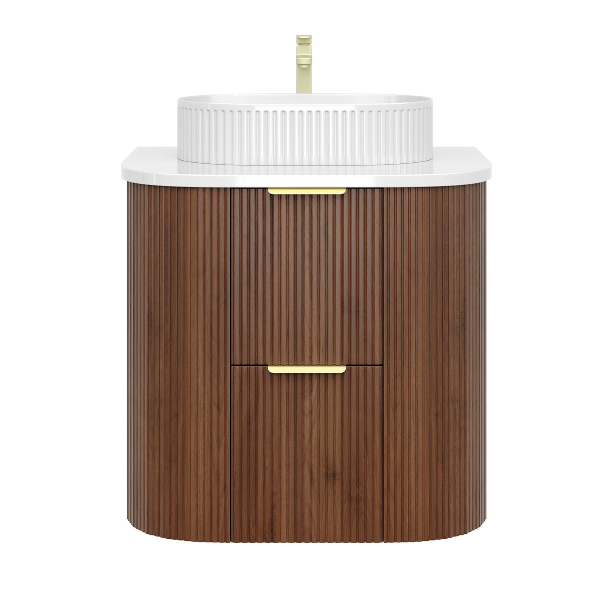 Timber Walnut Artis 600mm Fluted Curved Waterproof Wall Hung Vanity Carrara Gold Stone top