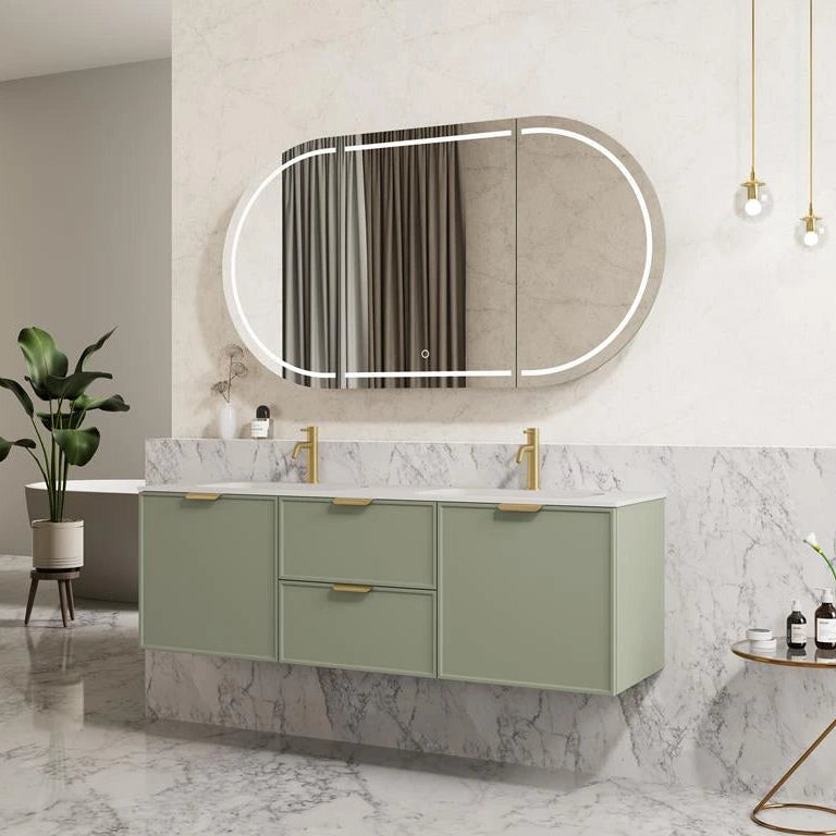 Bathroom vanity with a large mirror and decorative elements.