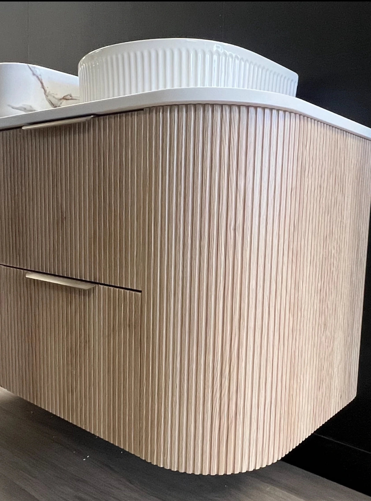 Timber Classic Oak Artis 600mm Fluted Curved Waterproof Wall Hung Vanity Carrara Gold Stone top