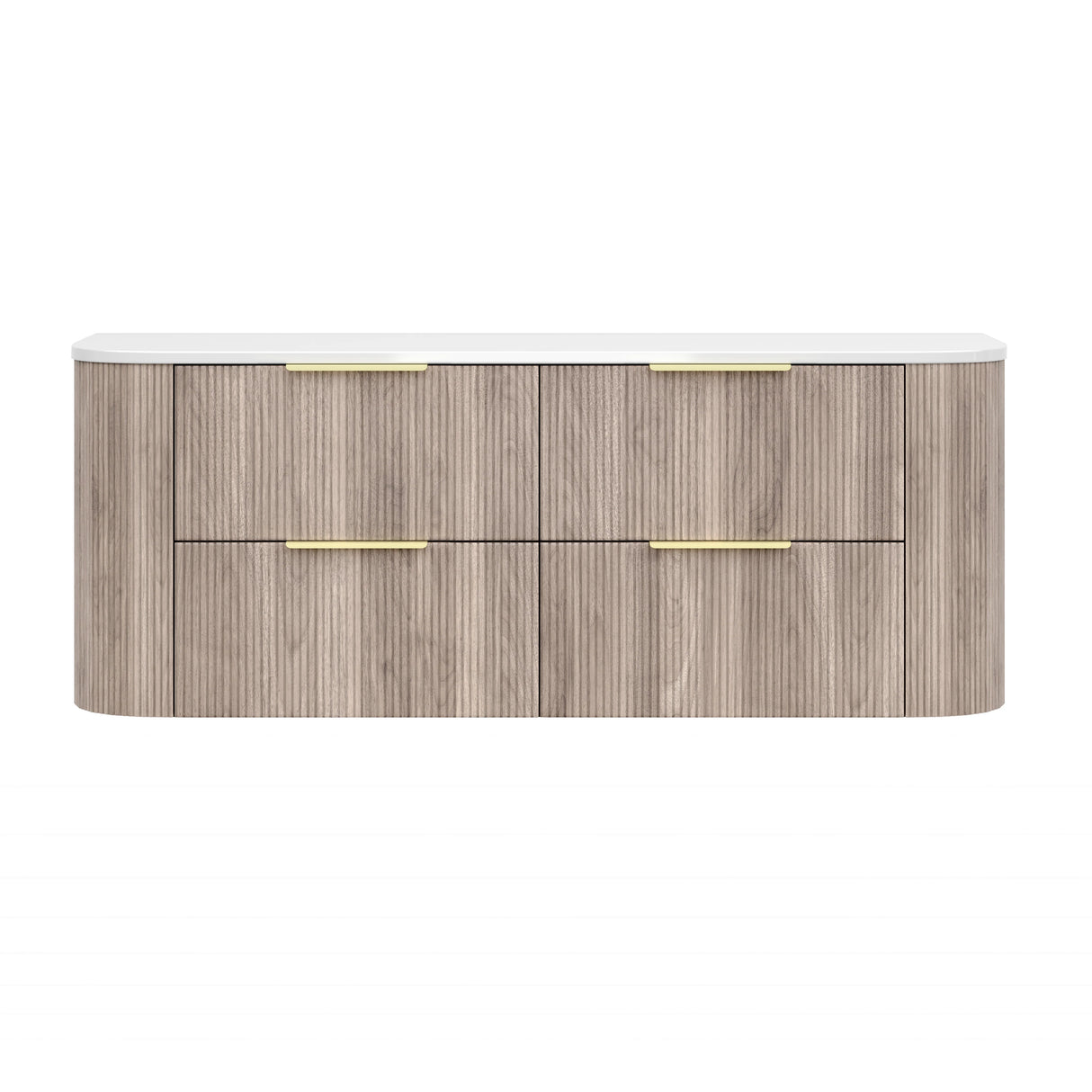 Timber Classic Oak Artis 1500mm Fluted Curved Waterproof Wall Hung Double Bowl Vanity Calacatta Stone top