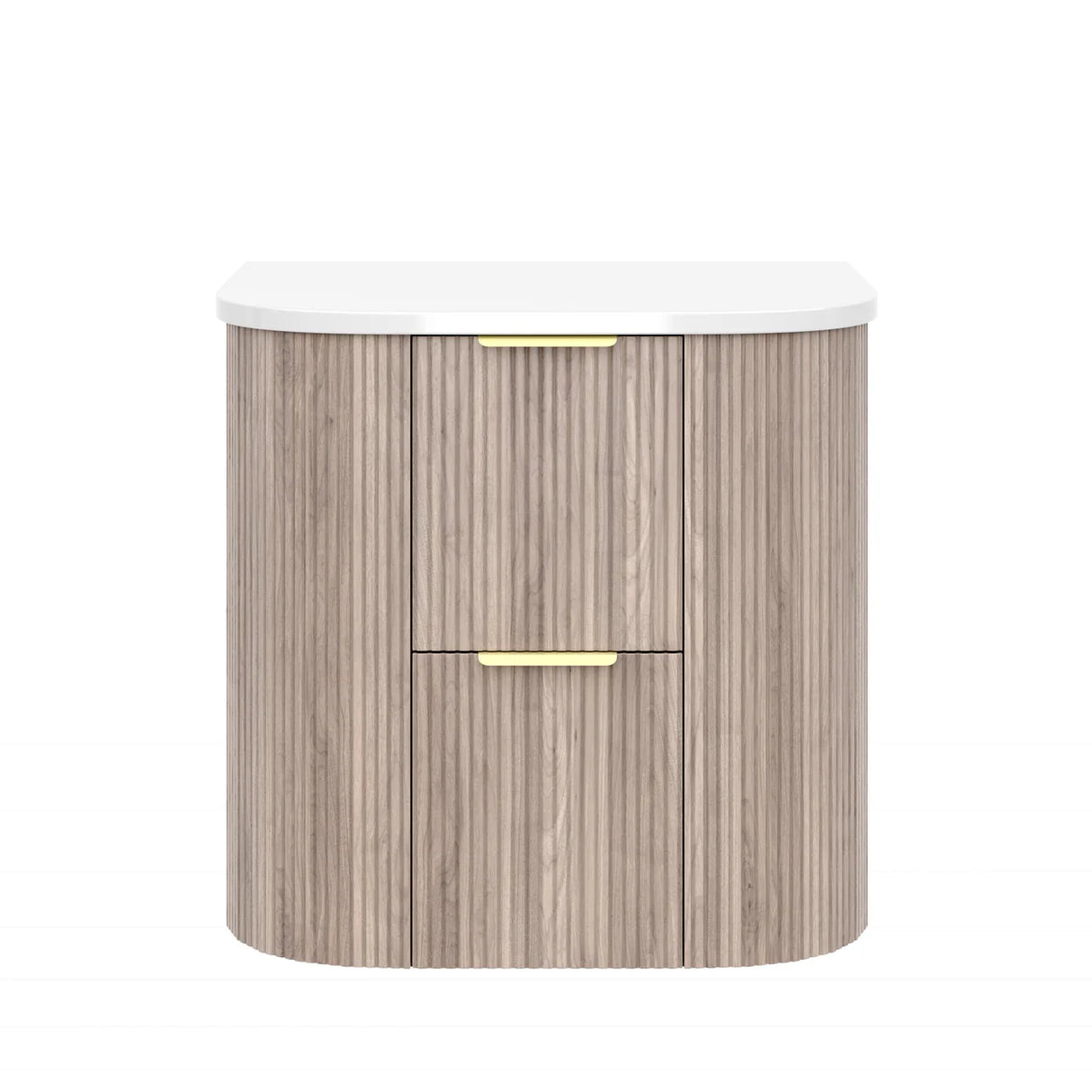Timber Classic Oak Artis 600mm Fluted Curved Waterproof Wall Hung Vanity Carrara Gold Stone top