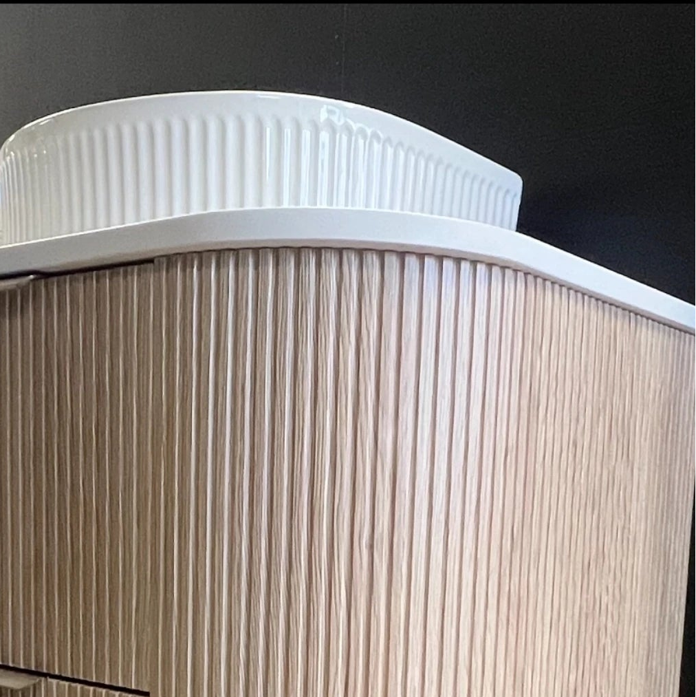 Timber Classic Oak Artis 1500mm Fluted Curved Waterproof Wall Hung Double Bowl Vanity Calacatta Stone top