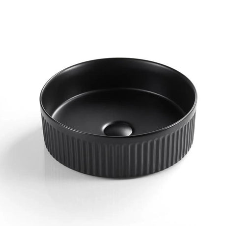 Black ceramic bowl with ribbed texture on a white background