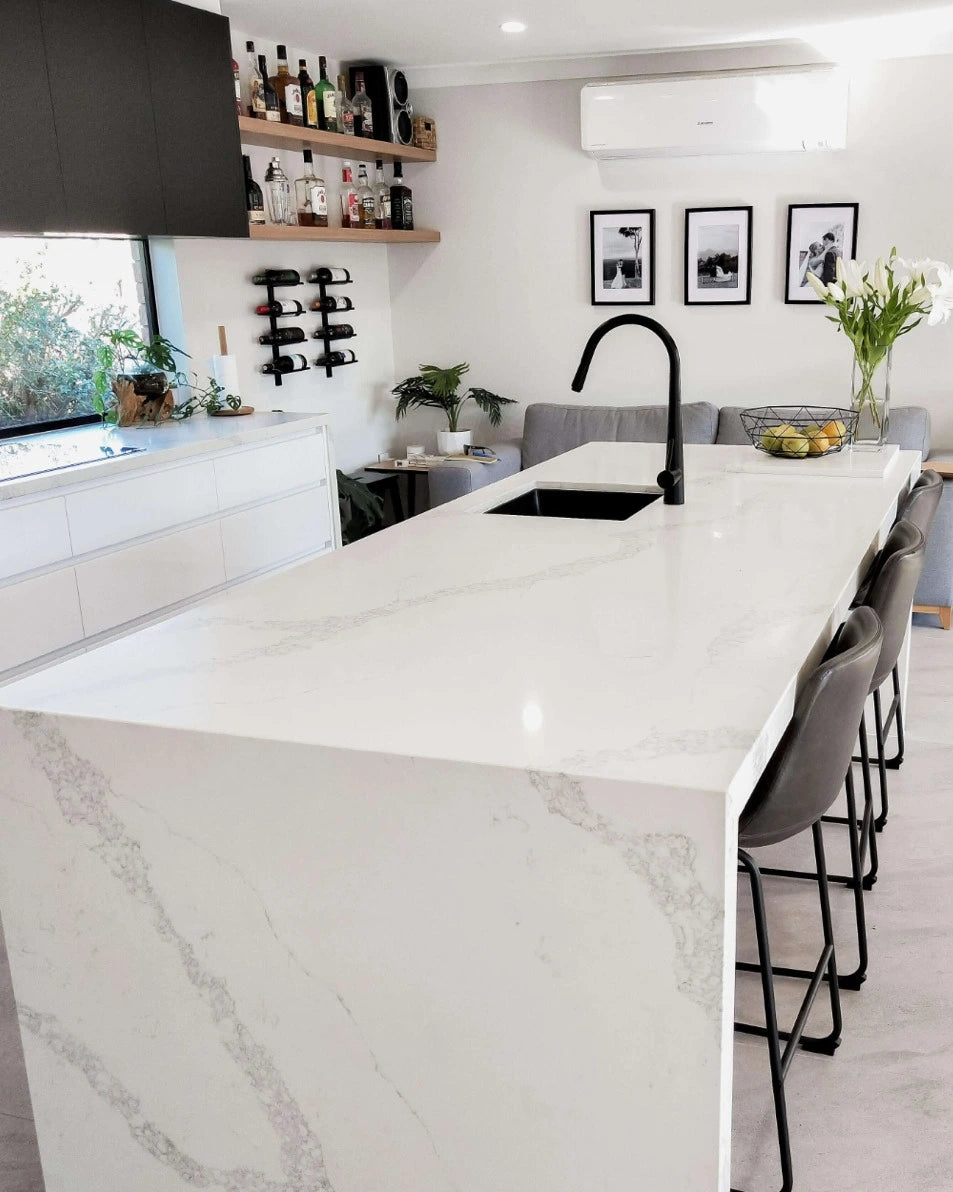 Timber Classic Oak Artis 1500mm Fluted Curved Waterproof Wall Hung Double Bowl Vanity Calacatta Stone top