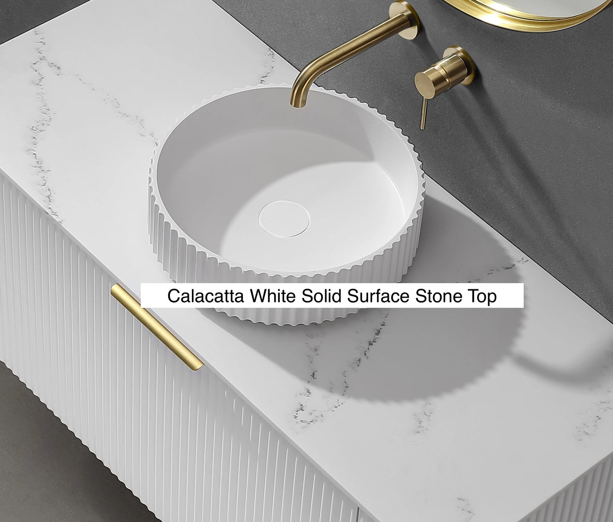 Fluted Wall Hung Vanity Rome Curved 900mm Two Drawers Waterproof Matte White Stone top Brushed Gold Handles