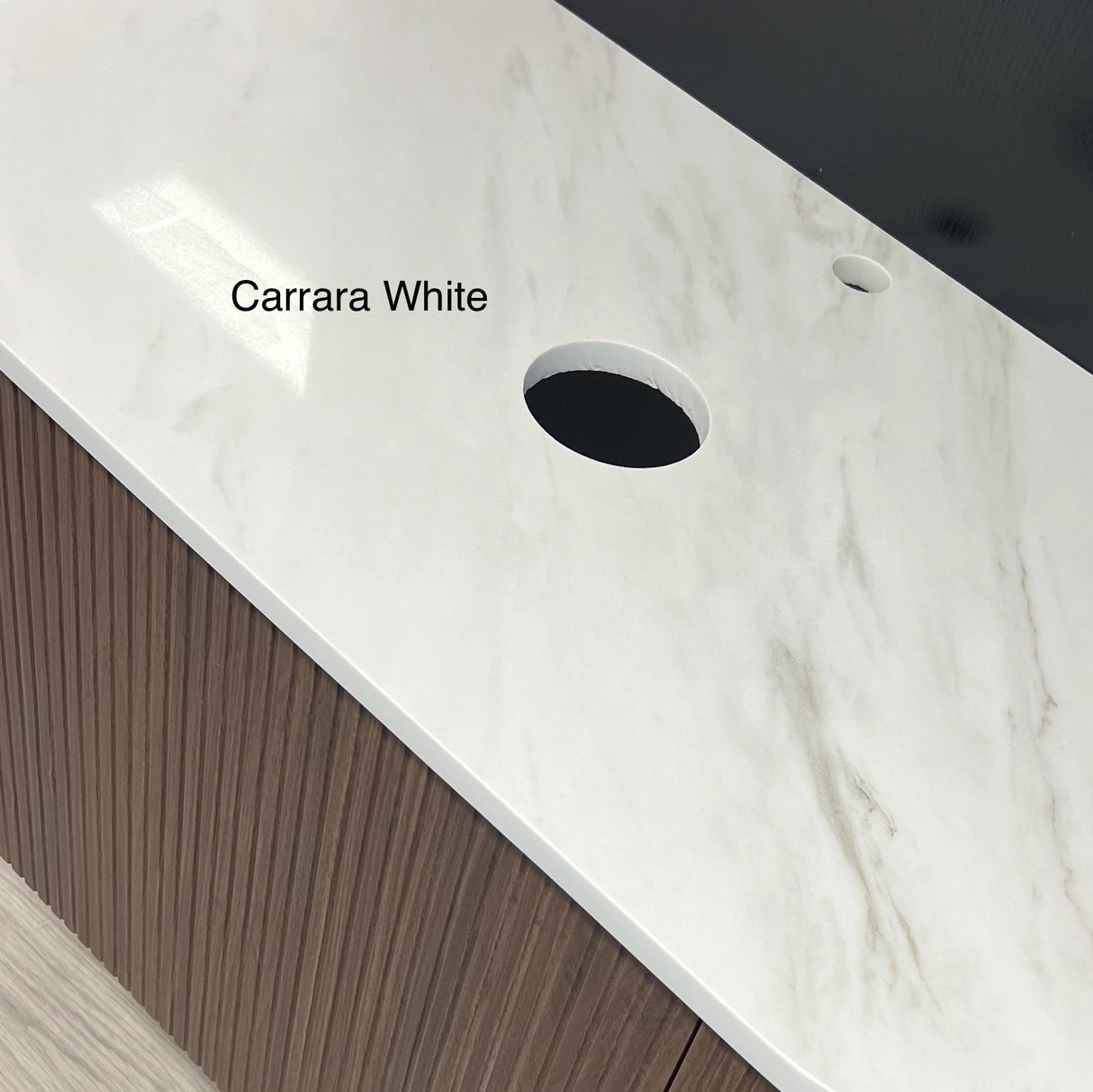 Timber Classic Oak Artis 900mm Fluted Curved Waterproof Wall Hung Vanity Calacatta Solid Surface Stone top