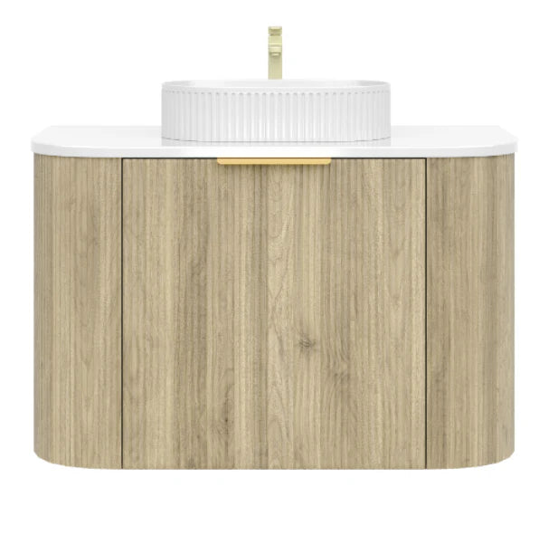 Timber Fluted Curved Classic Oak Artis 900mm Waterproof Wall Hung Vanity Carrara Stone top