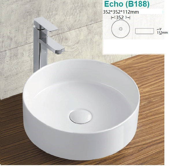 Echo 360mm Round Above Counter Gloss White Basin