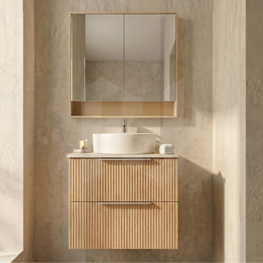 Timber Fluted Eden 600x360mm Ensuite Slimline Drawer Vanity Classic Oak Wall Hung Carrara Stone Top