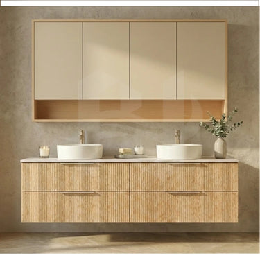 Eden 1500mm Double Bowl wall hung vanity in fluted Coastal Oak featuring 100% waterproof solid PVC construction and matching 1500mm shaving cabinet