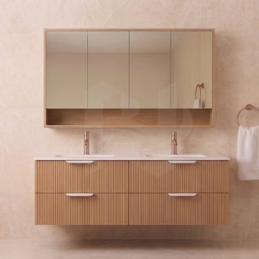 Timber Fluted Eden 1500mm Vanity Prime Oak Wall Hung 2 - Drawer Ceramic Top Double Bowl - RJ Bathroom