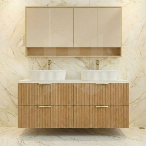 Timber Eden fluted prime oak 1500mm double bowl wall hung vanity with 4 drawers with stone top