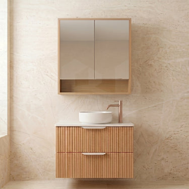 Timber Fluted Eden 600mm Vanity Prime Oak Wall Hung 2 - Drawer White Stone Top - RJ Bathroom