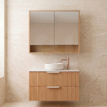 Timber Fluted Eden 900mm Vanity Prime Oak Wall Hung 2 - Drawer White Stone - RJ Bathroom