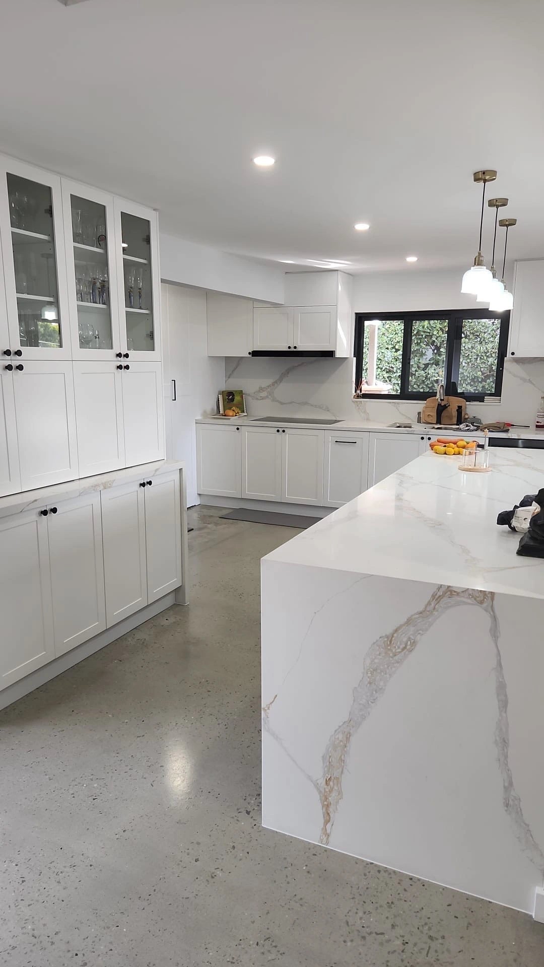 Timber Classic Oak Artis 1500mm Fluted Curved Waterproof Wall Hung Double Bowl Vanity Calacatta Stone top