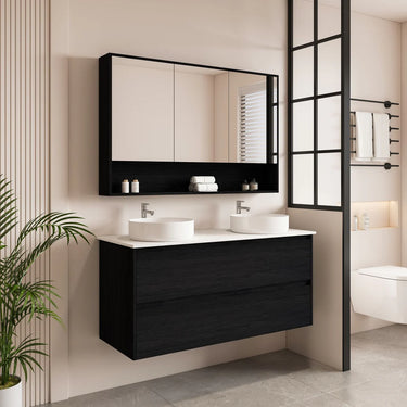 Hera Black Oak 1200mm Wall Hung Double Bowl Vanity Carrara Stone Top