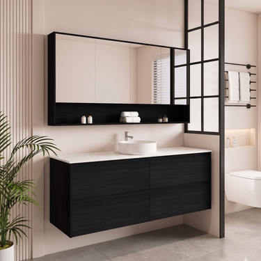 Hera Black Oak 1500mm Wall Hung Single Bowl Vanity Stone Top