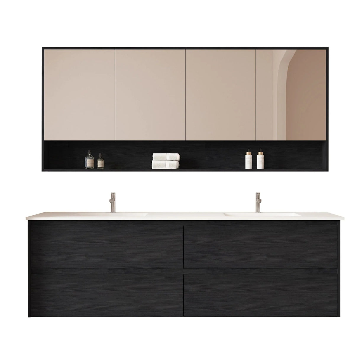 Hera Black Oak 1800mm Wall Hung Double Bowl Vanity Stone Top