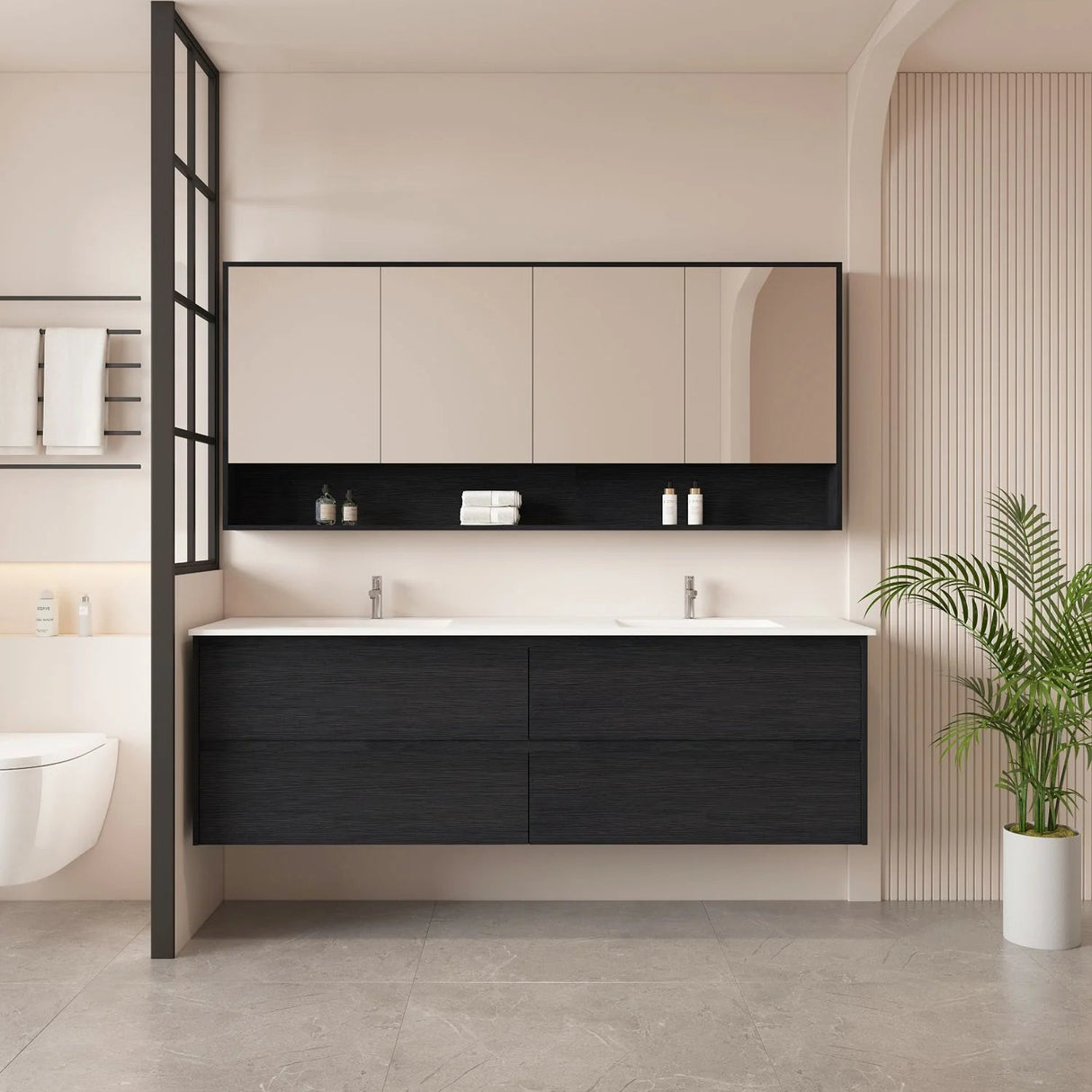 Hera Black Oak 1800mm Wall Hung Double Bowl Vanity Stone Top