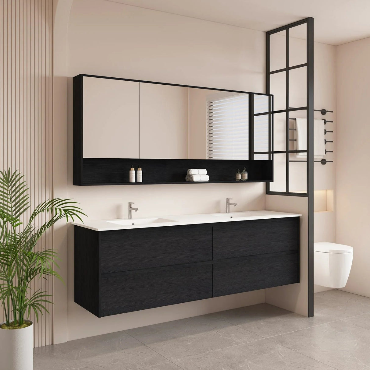 Hera Black Oak 1800mm Wall Hung Double Bowl Vanity Stone Top