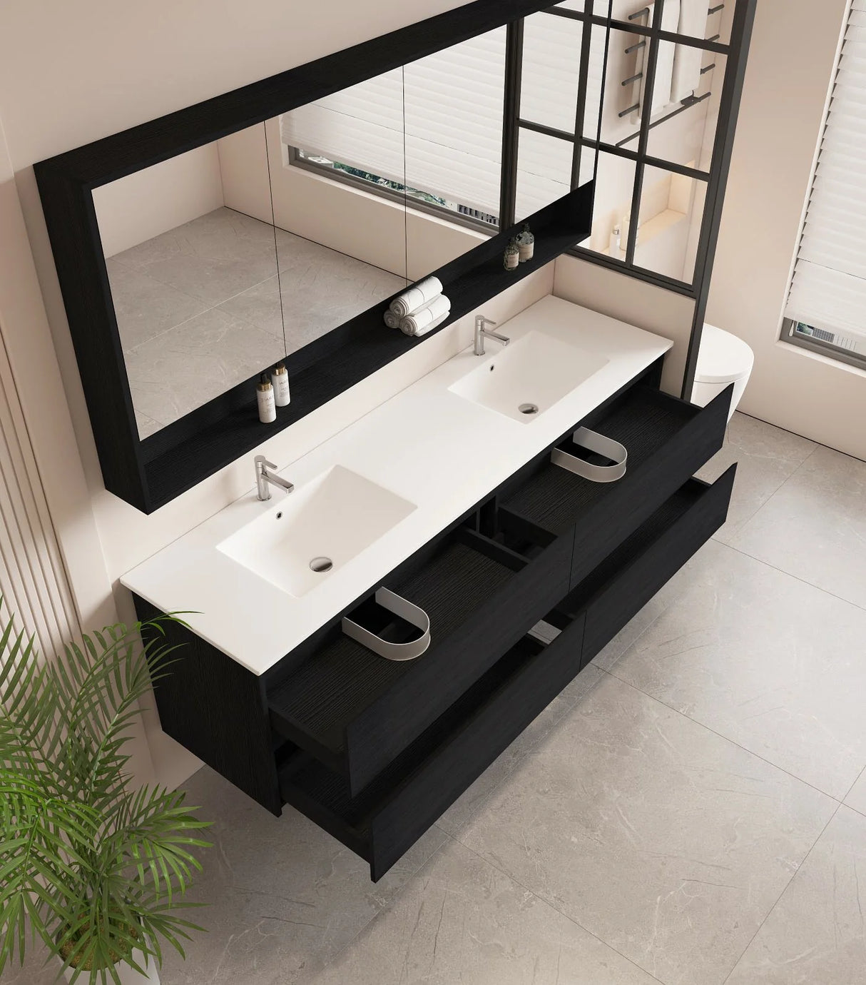 Hera Black Oak 1800mm Wall Hung Double Bowl Vanity Stone Top