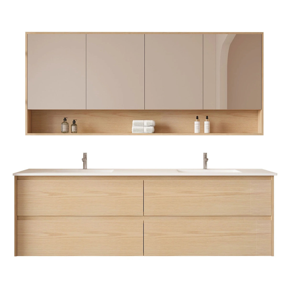 Hera Timber look Tas Oak 1800mm Wall Hung Double Bowl Vanity Stone Top