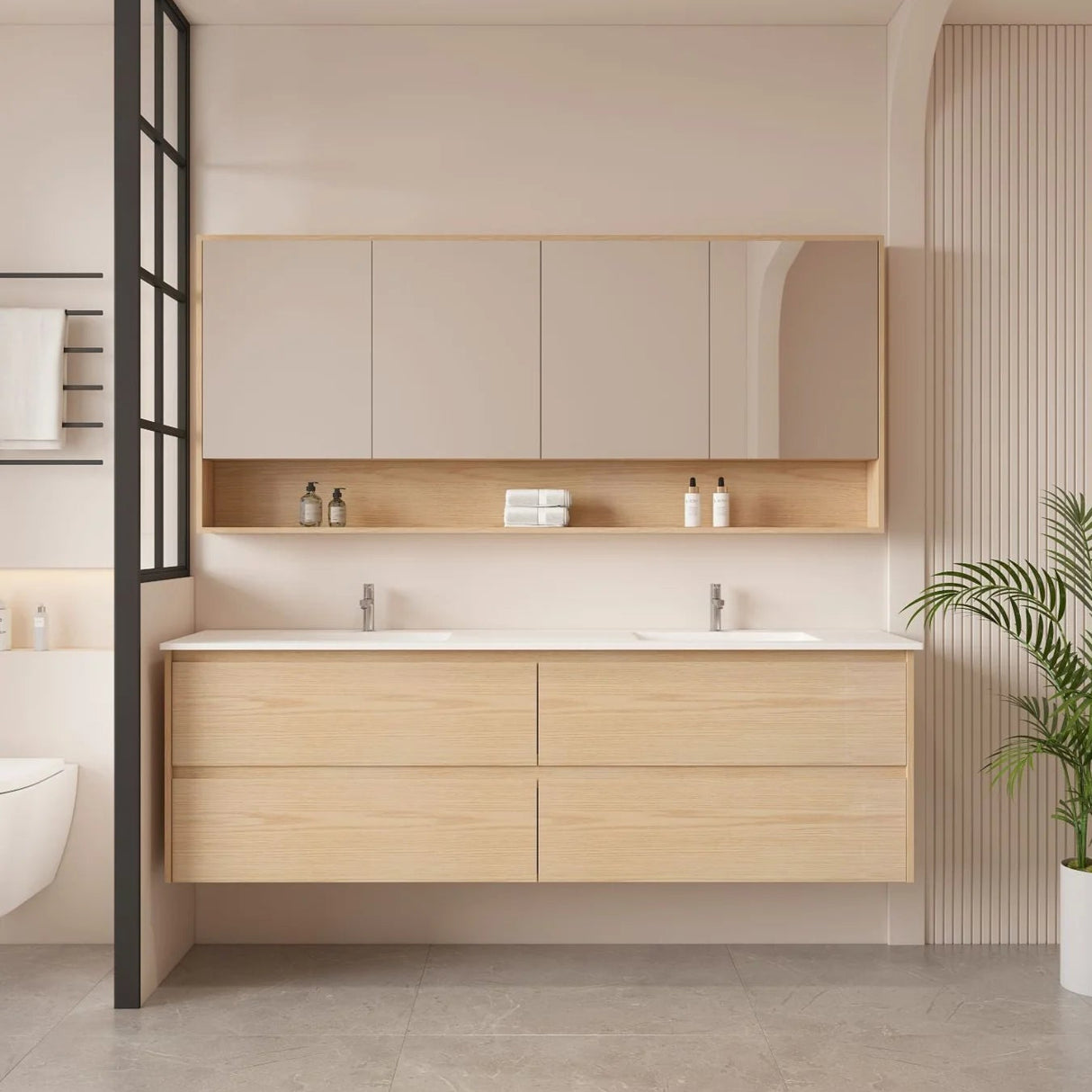 Hera Timber look Tas Oak 1800mm Wall Hung Double Bowl Vanity Stone Top