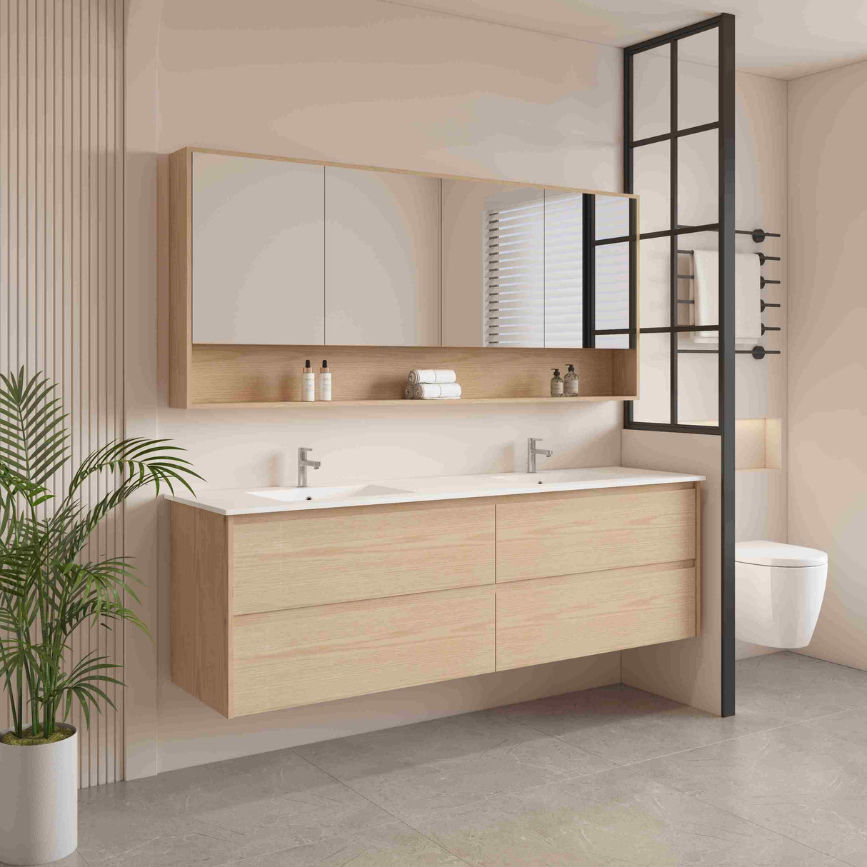 Hera Timber look Tas Oak 1800mm Wall Hung Double Bowl Vanity Stone Top